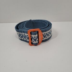 LL Bean Blue Geometric Print Cotton Canvas Orange Metal Buckle Unisex Belt Sz 42